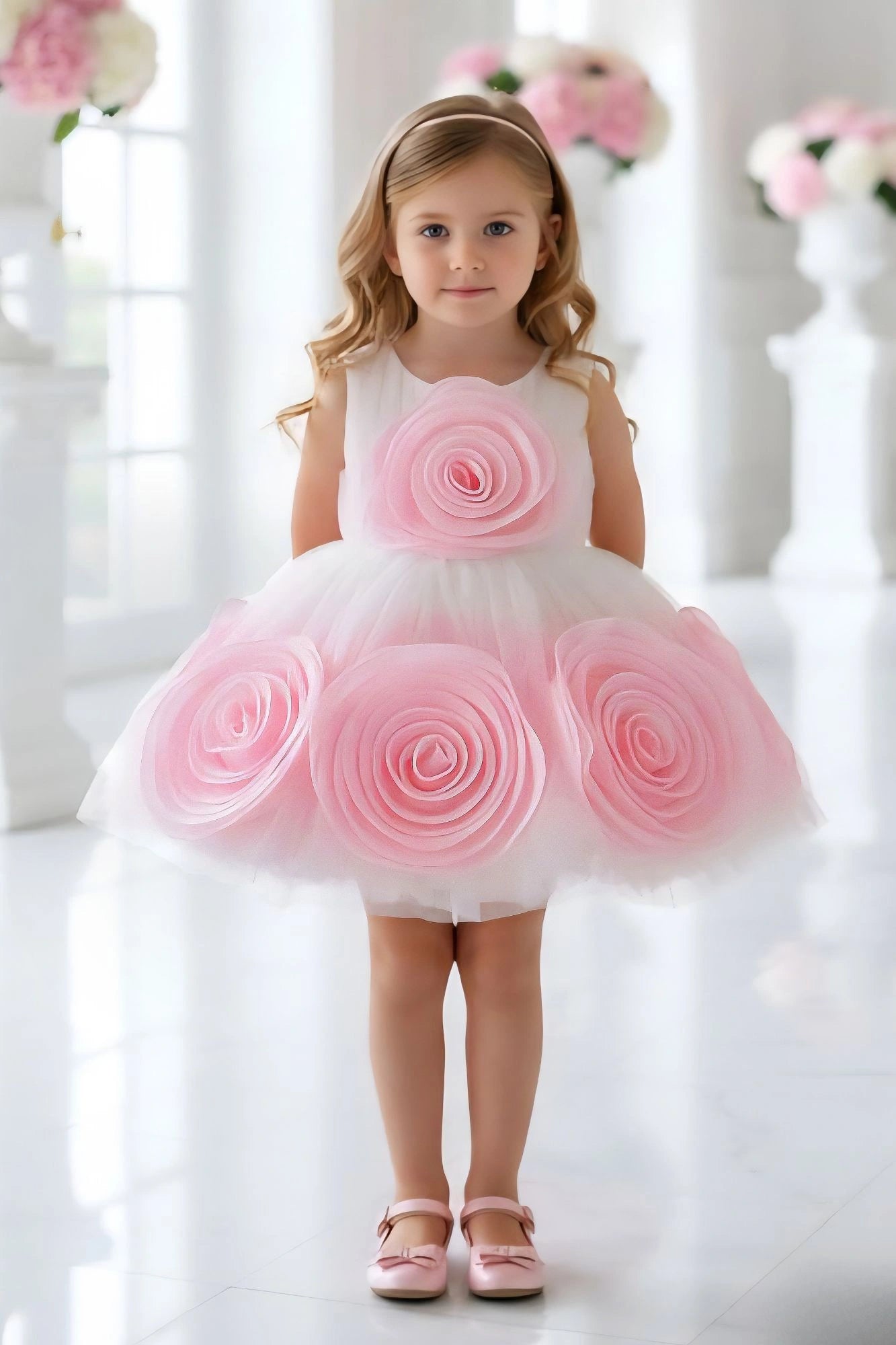 White & Pink 3D Rosette Embellished Party Wear Frock For Girls