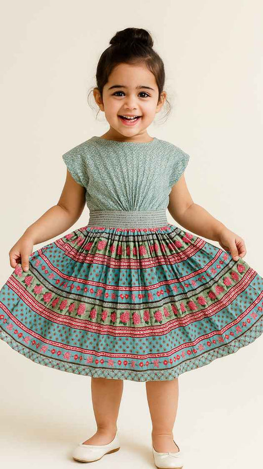 Teal Printed Flared Frock for Girls