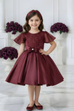Maroon Embellished Party Wear Frock with Bow Waist Accent For Girls