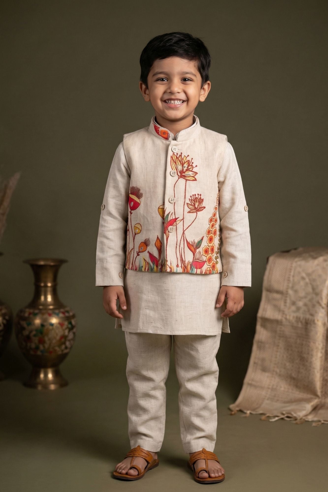 Boys Beige Kurta Pajama Set with Floral Printed Nehru Jacket
