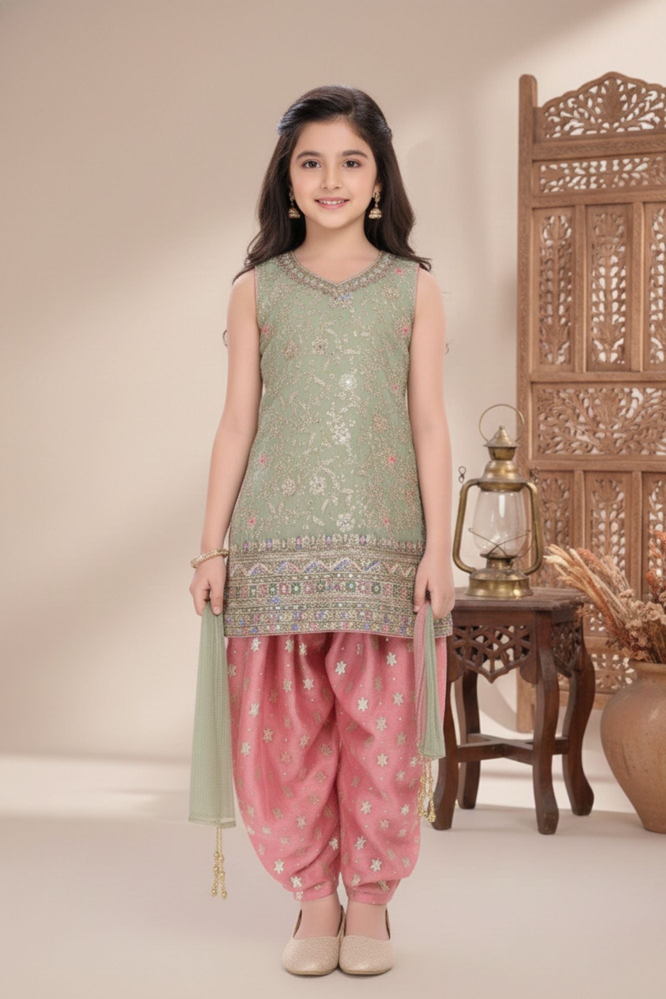 Pista Sleeveless Kurti with Foil-Print Pink Patiala And Dupatta For Girls