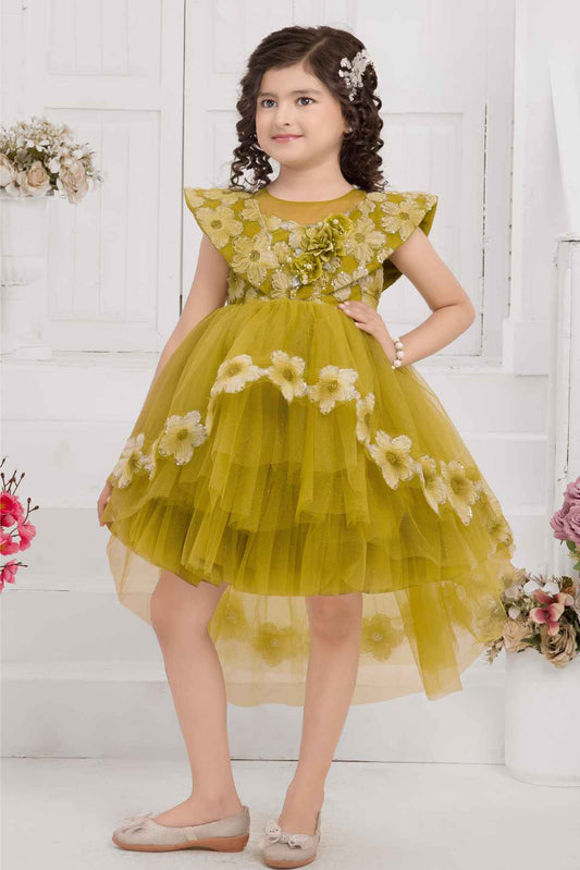 Mustard Tailback Frock With Sequins Work And Floral Embellishment For Girls