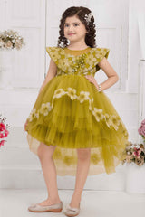 Mustard Tailback Frock With Sequins Work And Floral Embellishment For Girls