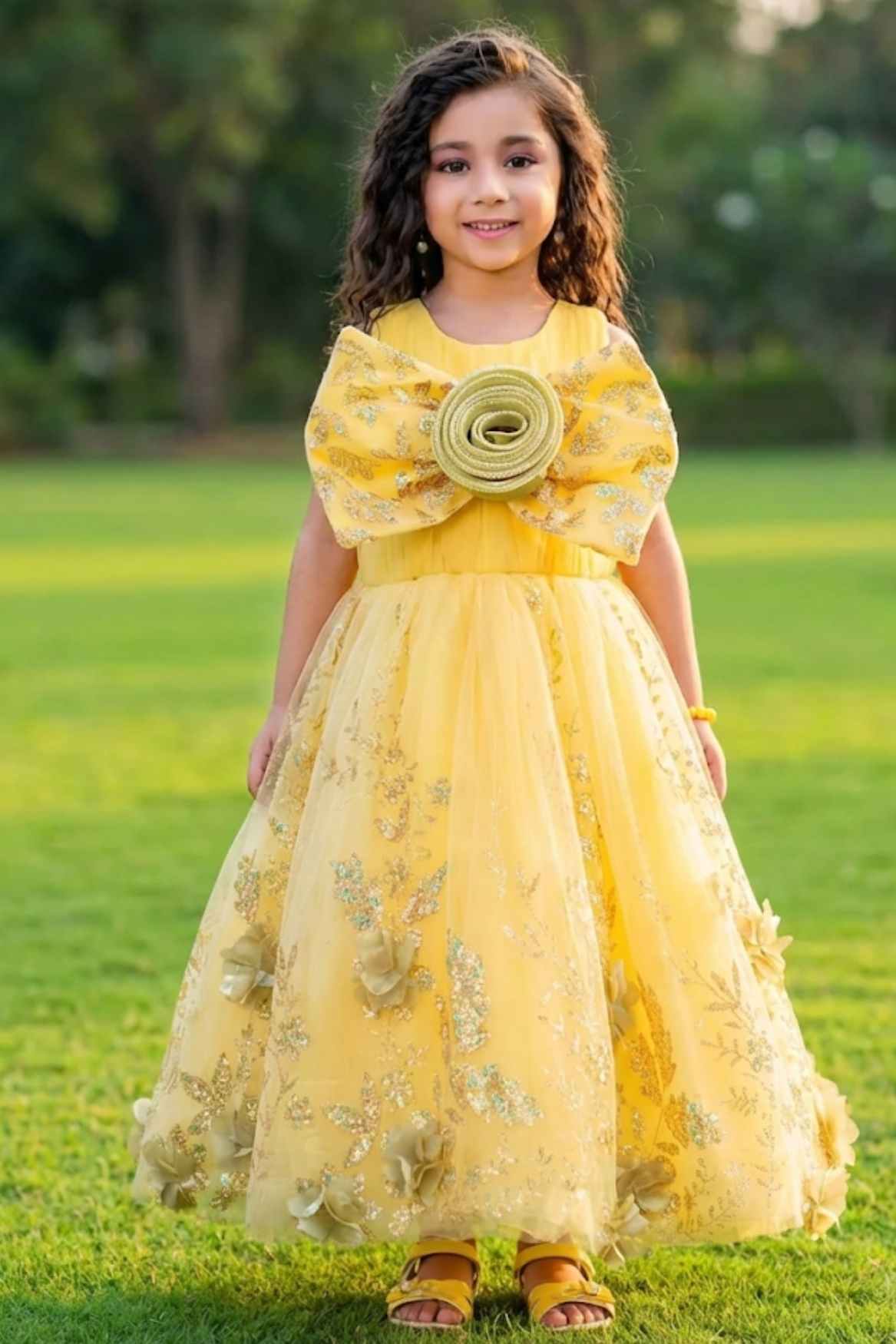 Yellow Sequin Party Gown with 3D Floral Bow For Girls