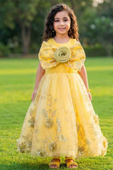Yellow Sequin Party Gown with 3D Floral Bow For Girls