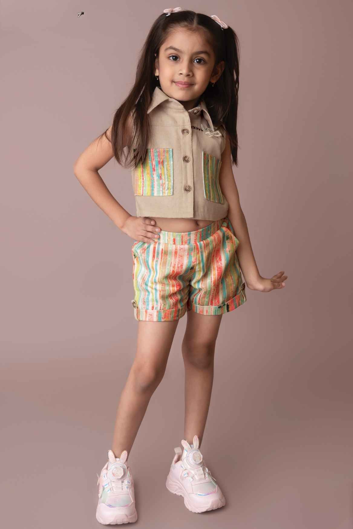 Multicolor Printed Shorts With Top Casual Wear Set For Girls
