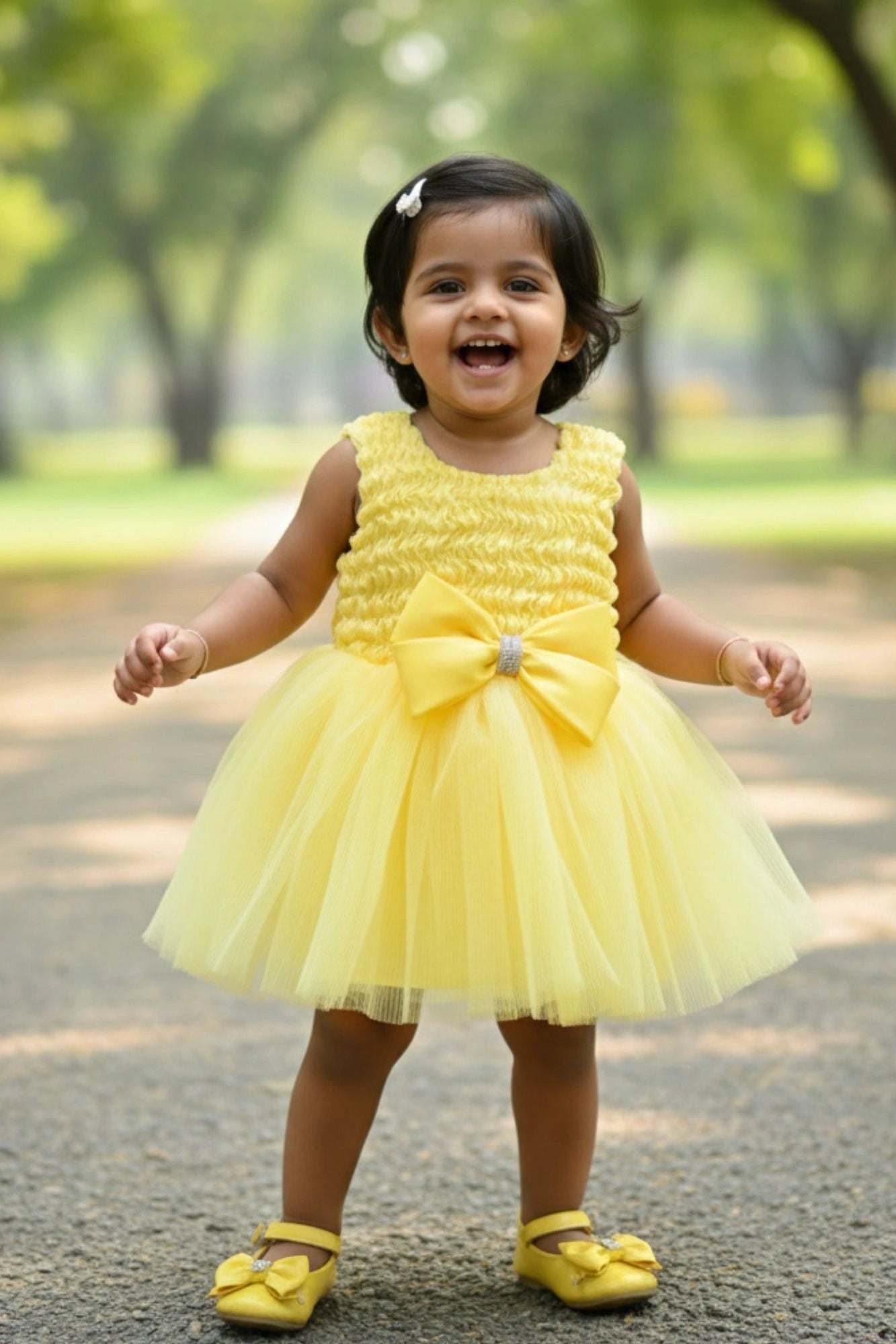 Yellow Tulle Party Dress With Satin Bow For Girls
