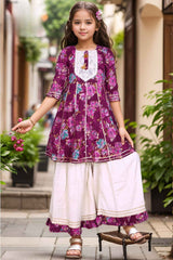 Wine Floral Printed Ethnic Sharara Set For Girls