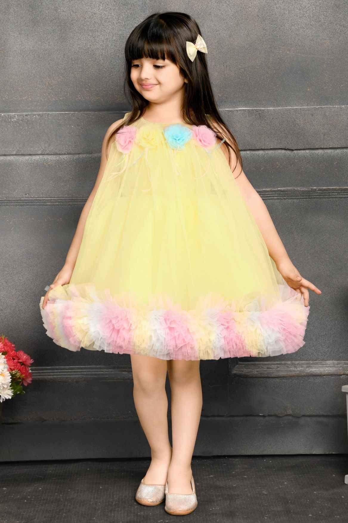 Yellow Net Frock Embellished With Floral For Girls - Lagorii Kids