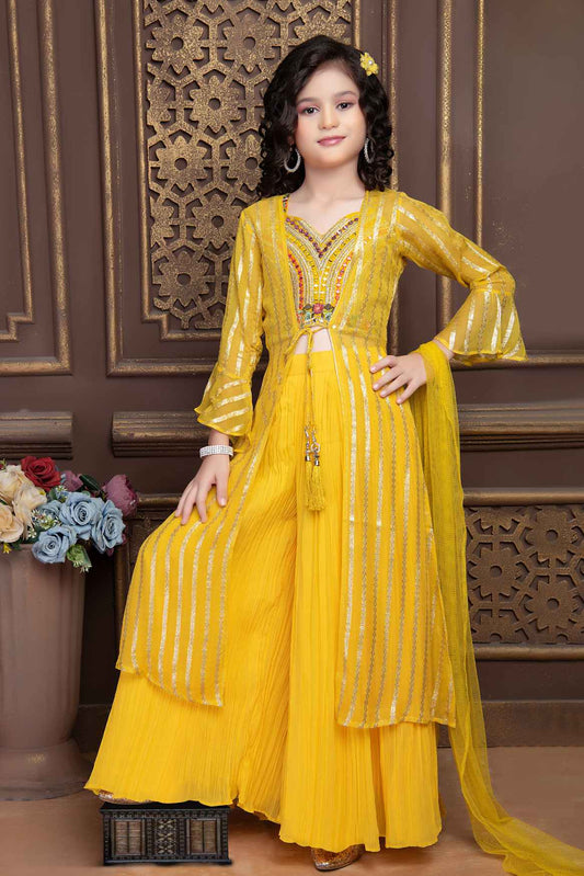Designer Yellow Sequin Palazzo Set With Over Coat For Girls
