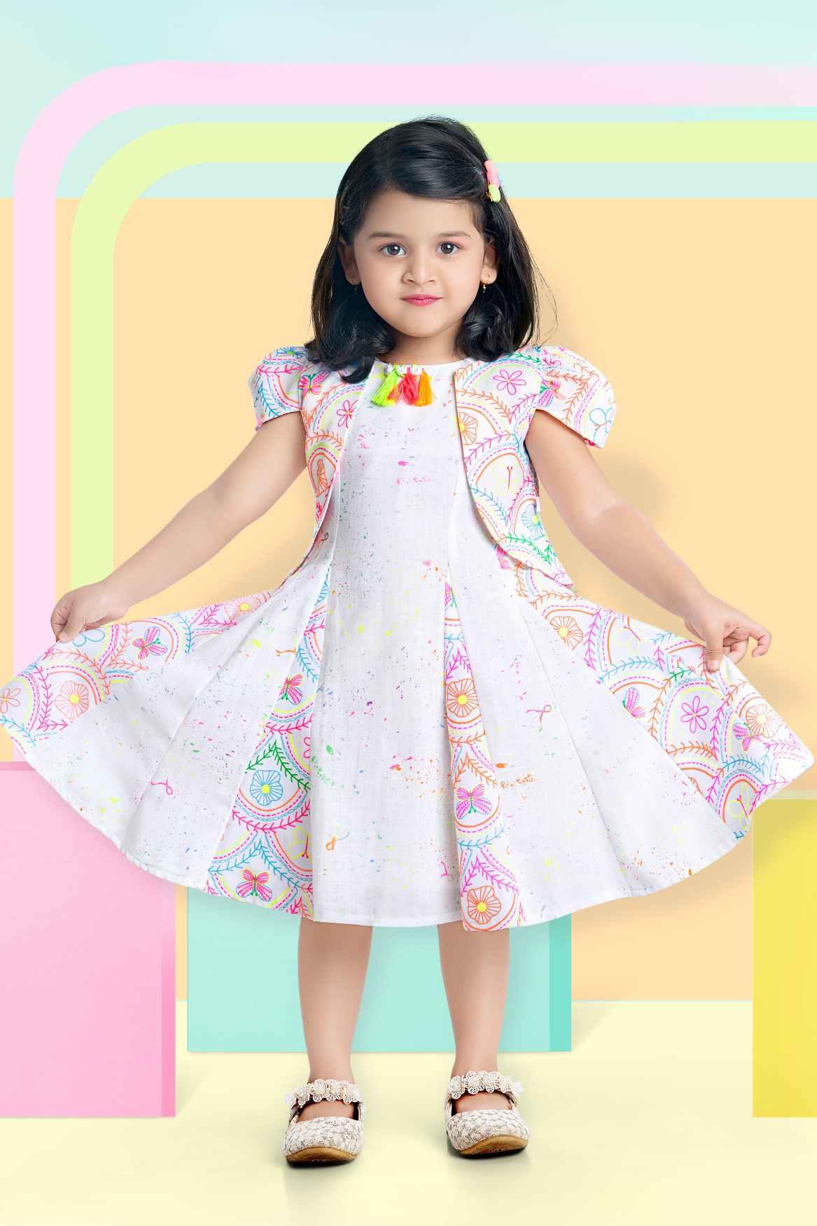 Cute Printed White Frock With Puffed Sleeves For Girls - Lagorii Kids