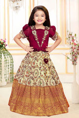 Maroon And Cream Silk Pattu Pavadai With Gold Foil Print For Girls