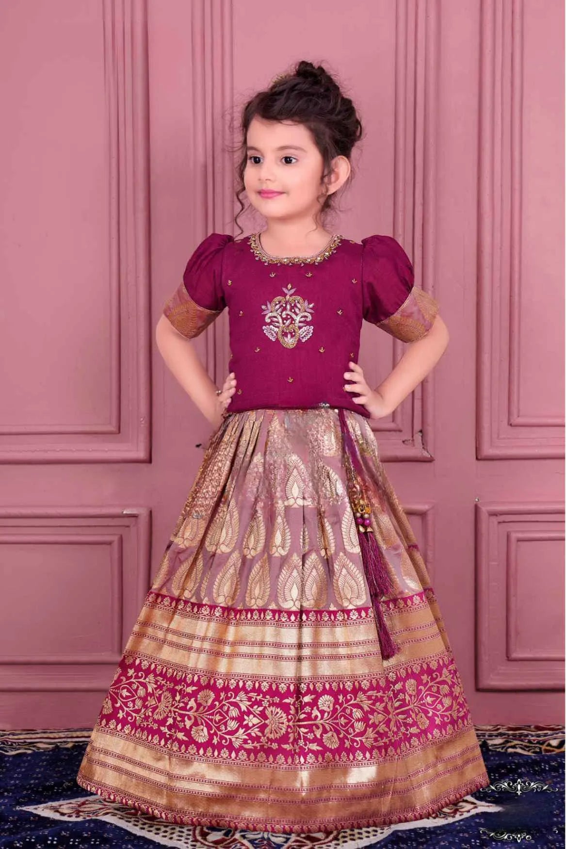 Magenta Embroidered Pattu Pavadai Set With Gold Zari Detailing For Girls