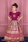 Magenta Embroidered Pattu Pavadai Set With Gold Zari Detailing For Girls