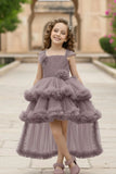 Mauve  Pearl And Stone Work With Floral Embellished Tail Back Frock For Girls