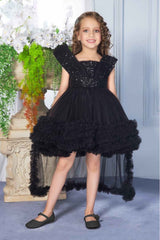 Designer Black Sequin Partywear Net Tailback Frock For Girls