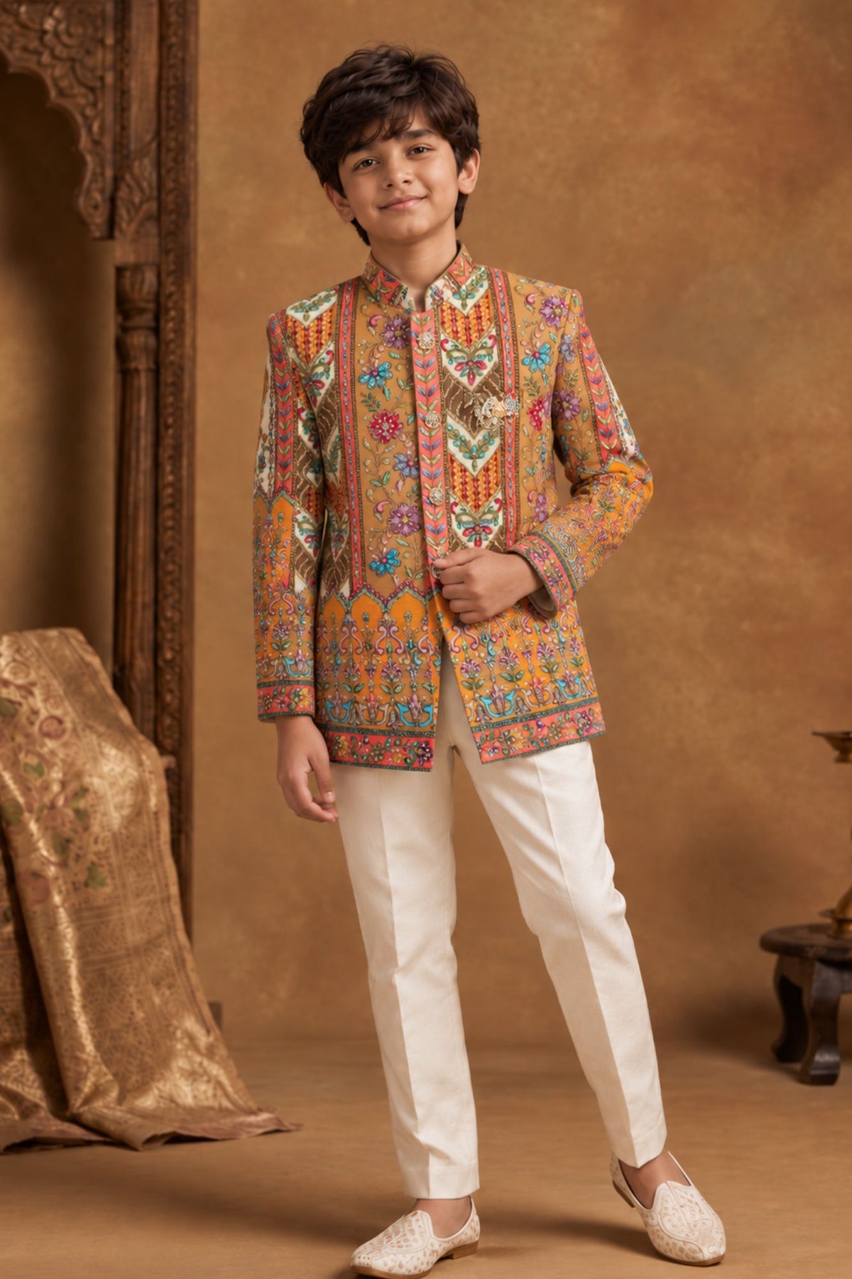 Multicolor Sequin Embroidered Sherwani Set With Pants For Boys