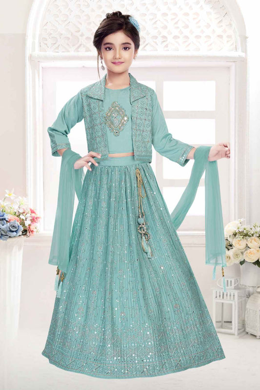 Sea Green Sequin Work And Embroidered Lehenga Choli Set For Girls