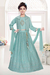 Sea Green Sequin Work And Embroidered Lehenga Choli Set For Girls