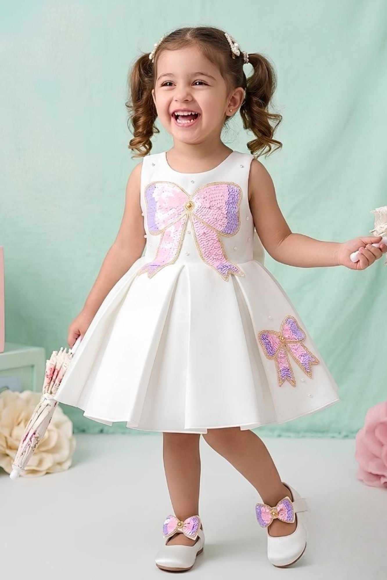 Girls Cream Sequin Bow Embellished Party Wear Frock