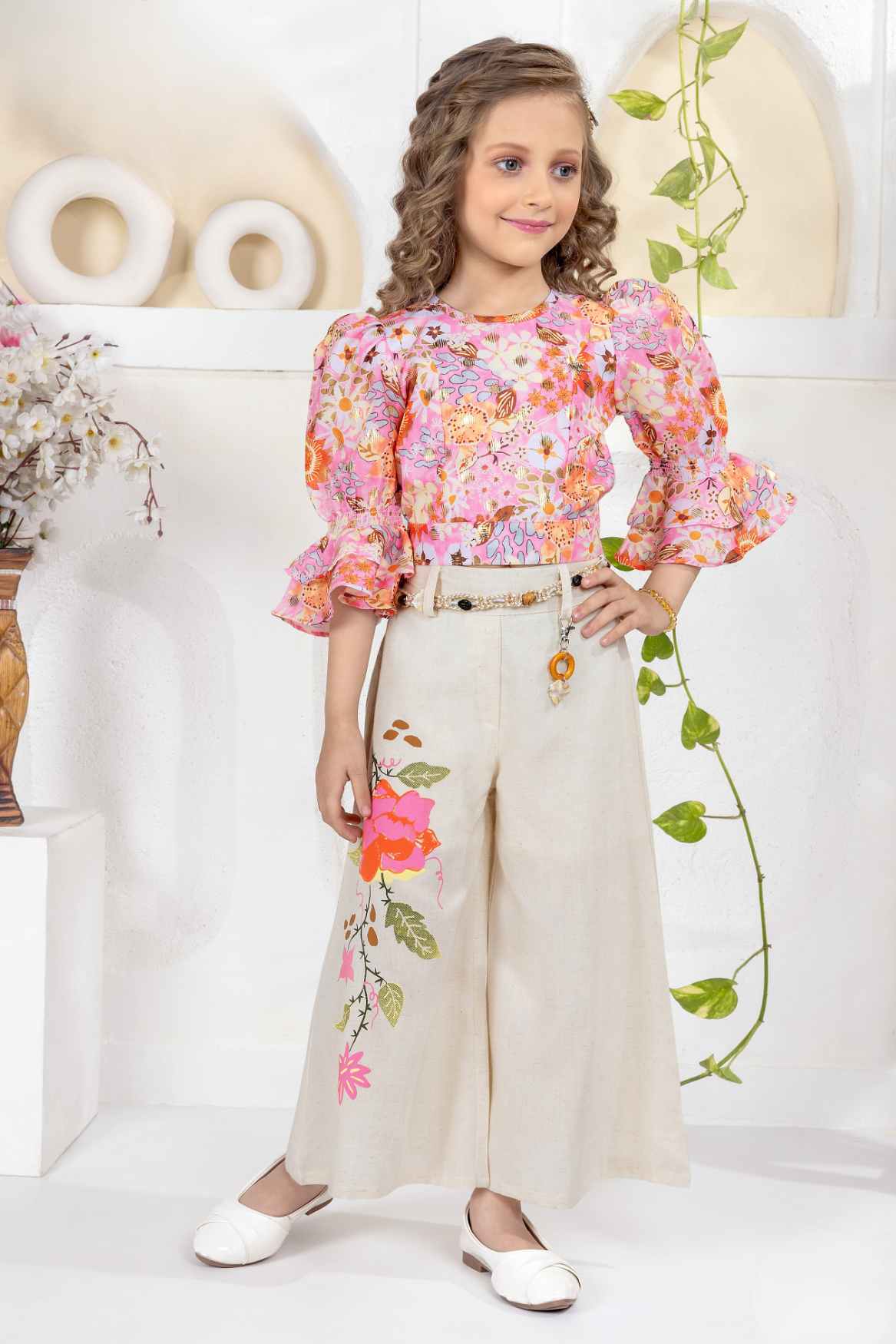 Pink Floral Printed Top And Cream Wide-Leg Pants Set For Girls