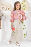 Pink Floral Printed Top And Cream Wide-Leg Pants Set For Girls