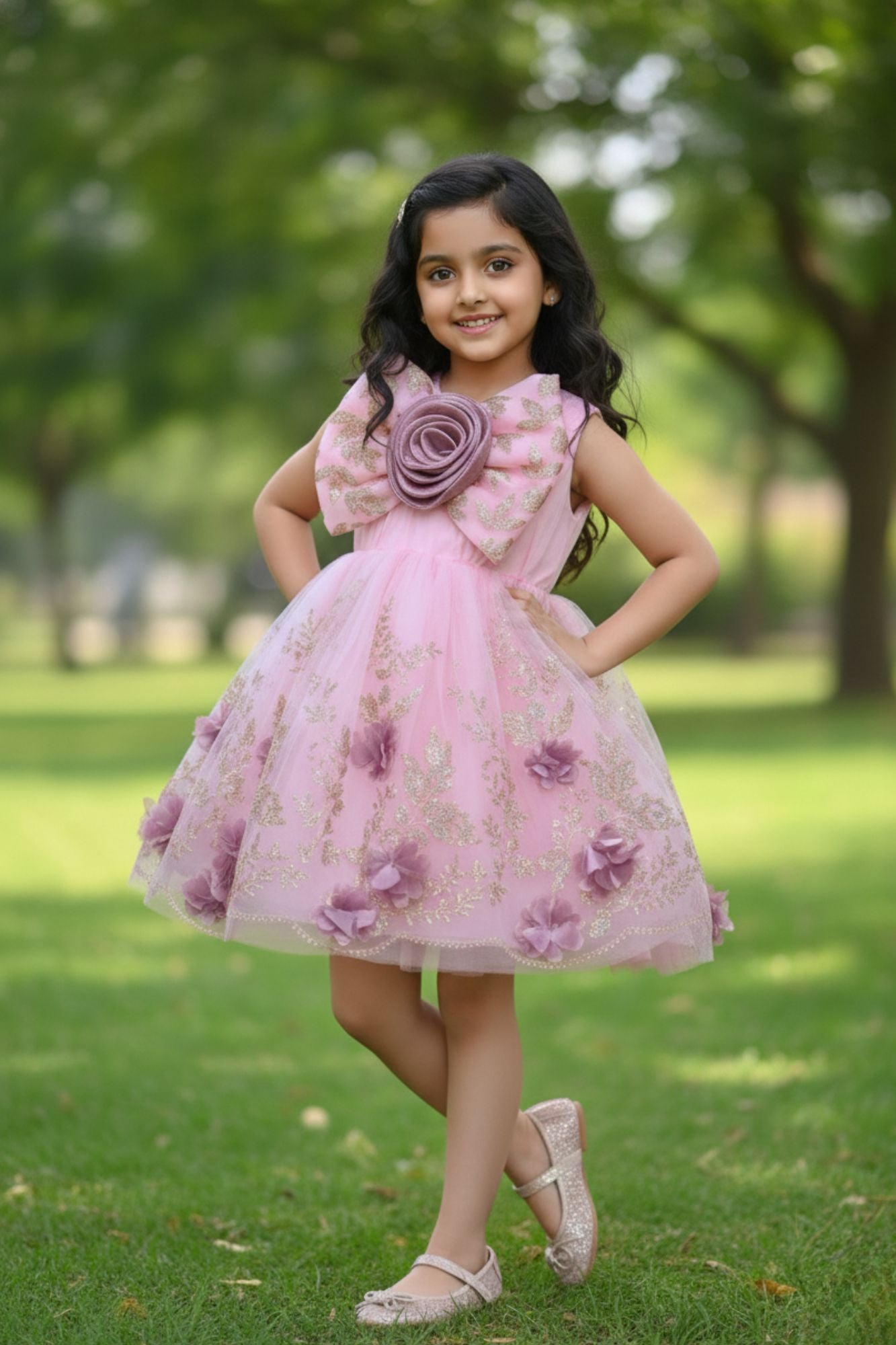 Blush Pink Glitter Party Frock with 3D Floral Bow For Girls