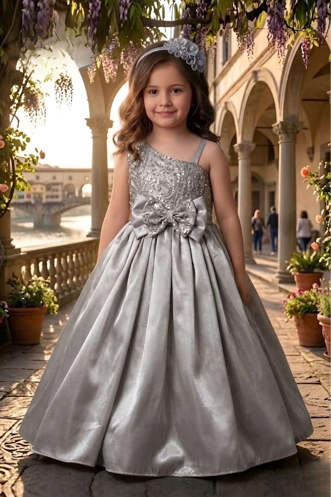 Grey One-Shoulder Embroidered Party Wear Gown for Girls