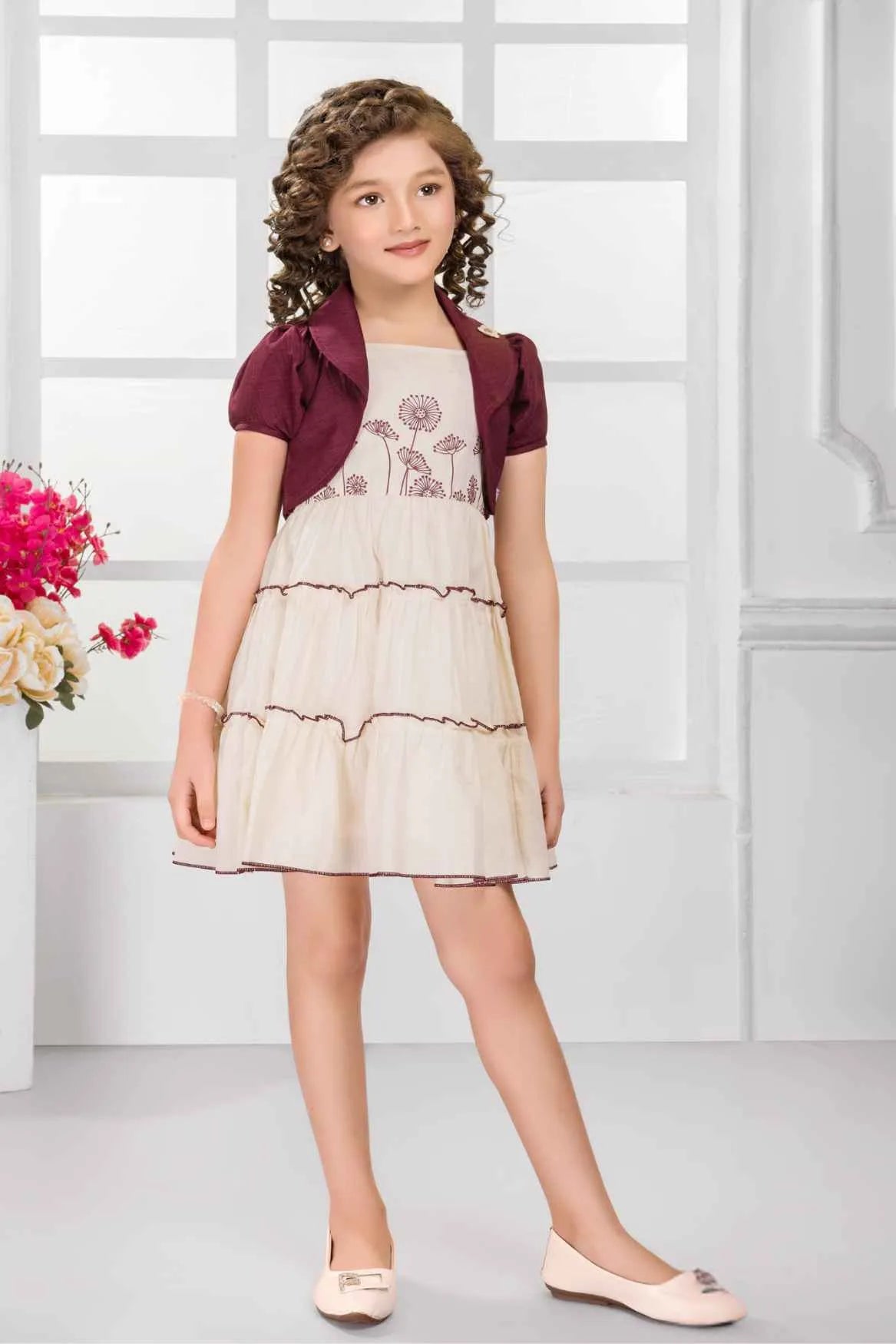 Cream Tiered Dress with Maroon Shrug and Embroidered Bodice For Girls