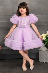 Designer Purple Sequin Partywear Net Ruffled Frock For Girls