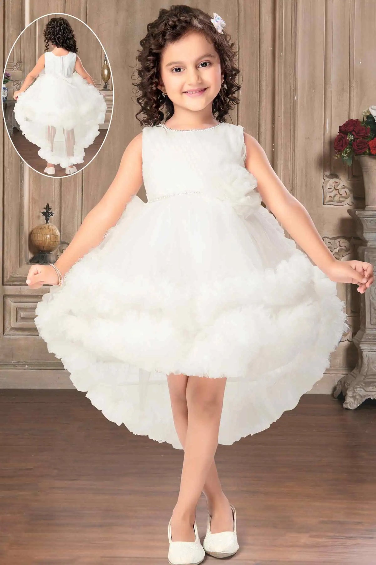 White Net Multilayer With Ruffle Frock For Girls