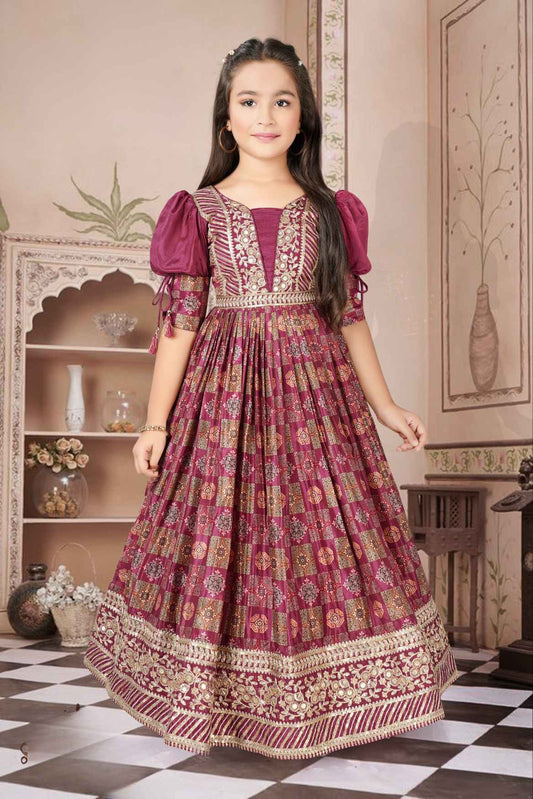 Ethnic Magenta Gown With Kalamkari Print With Sequins Embroidery For Girls