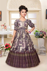 Purple Gown With Printed And Embroidery Work For Girls