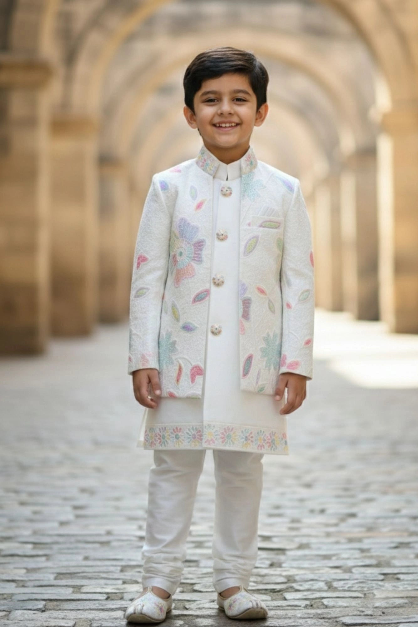 Ivory Pastel Sequins Embroidered Sherwani Set with Jacket For Boys