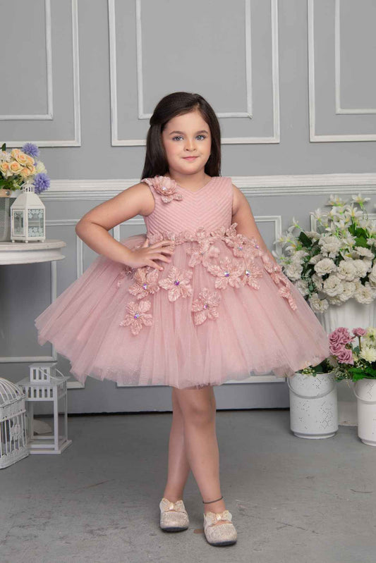 Shimmer Peach Frock With Floral Embellishment For Girls