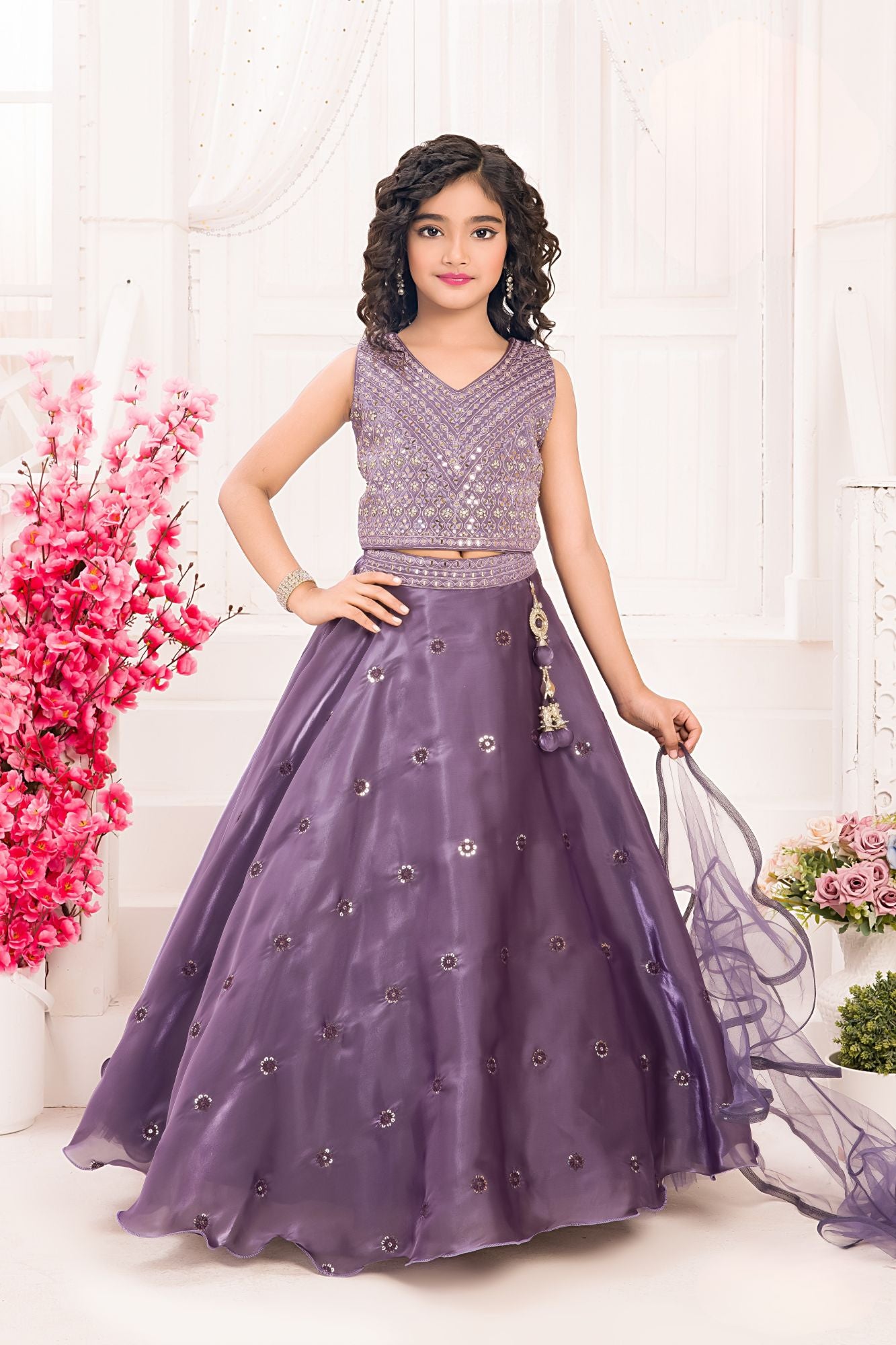 Royal Lavender Mirror Work Lehenga Choli Set For Girls