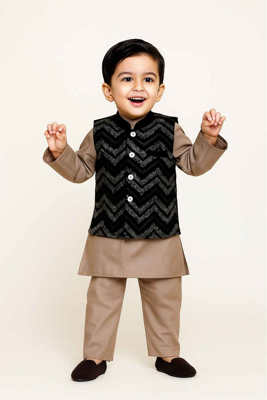 Brown Kurta Pyjama Set With Black Velvet Chevron Nehru Jacket For Boys