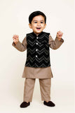 Brown Kurta Pyjama Set With Black Velvet Chevron Nehru Jacket For Boys