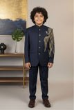 Navy Blue Embroidered Jodhpuri Suit Set With Golden Peacock Motif For Boys