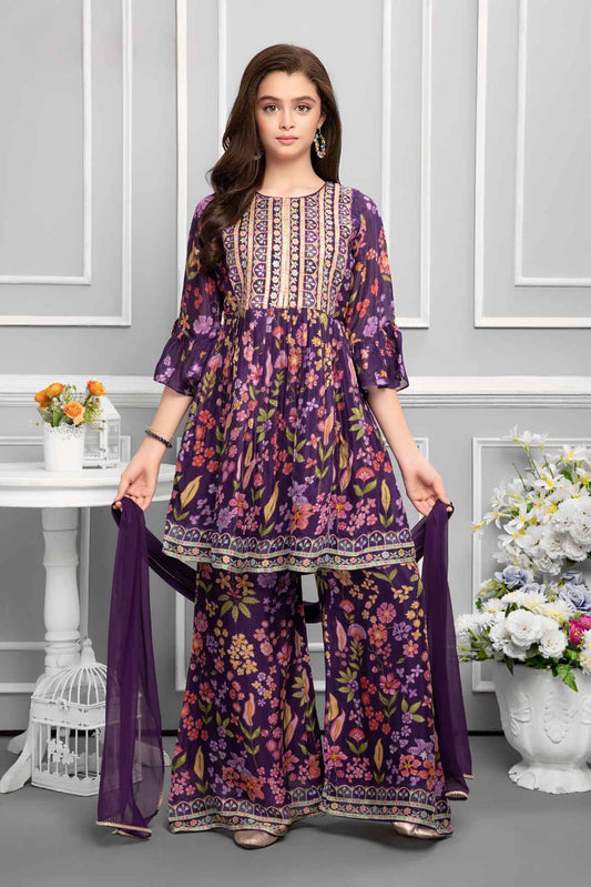 Purple Floral Printed And Embroidered Palazzo Sets For Girls