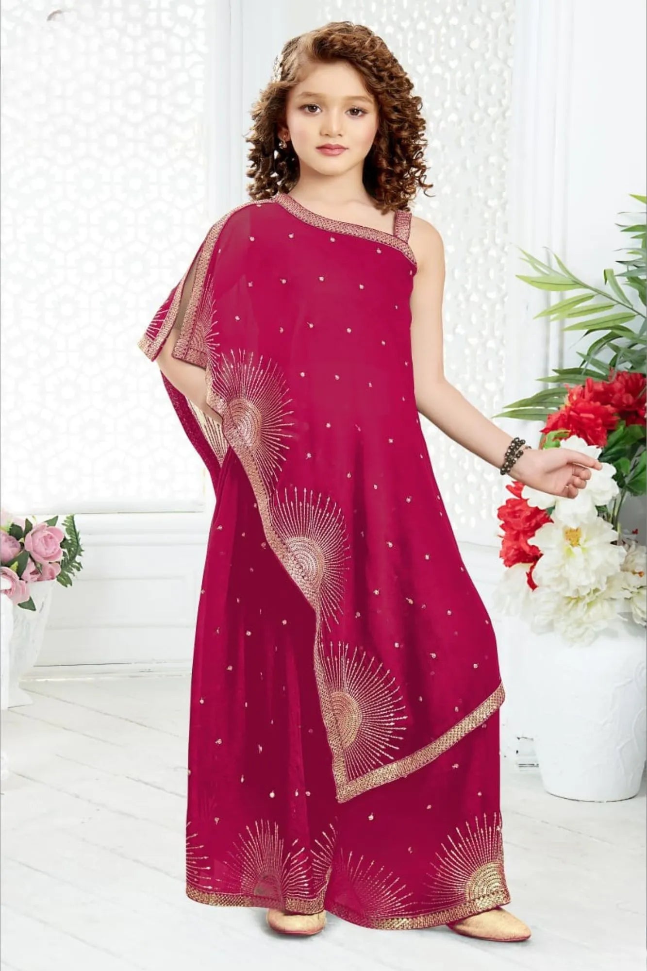Designer Rani Pink Embellished One-Shoulder Palazzo Set For Girls