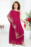 Designer Rani Pink Embellished One-Shoulder Palazzo Set For Girls