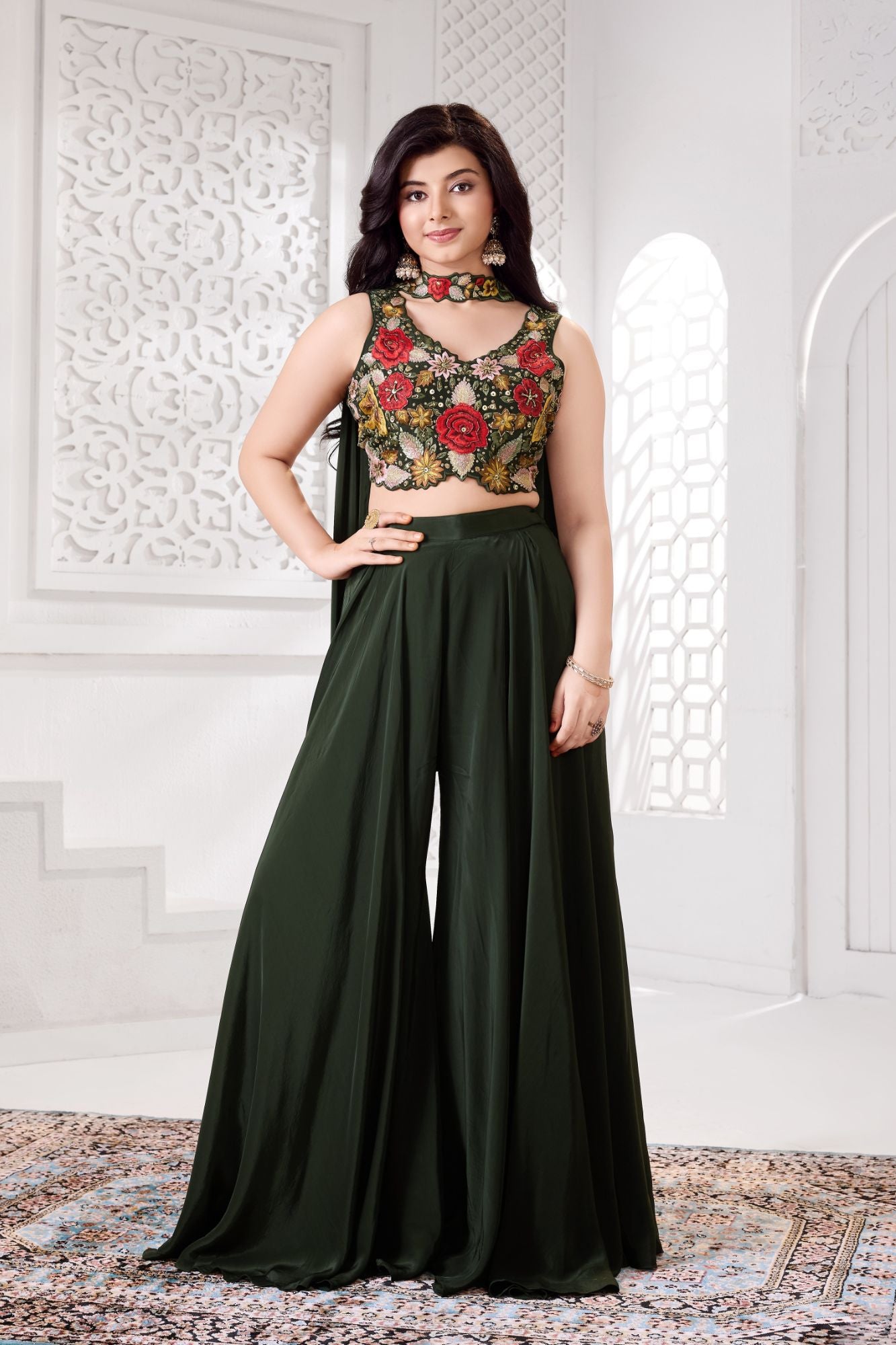 Green Floral Embroidered Palazzo Set with Dupatta For Girls