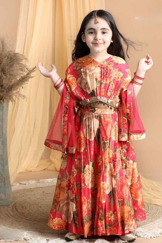 Orange Floral Printed And Sequin Poncho Choli Set For Girls