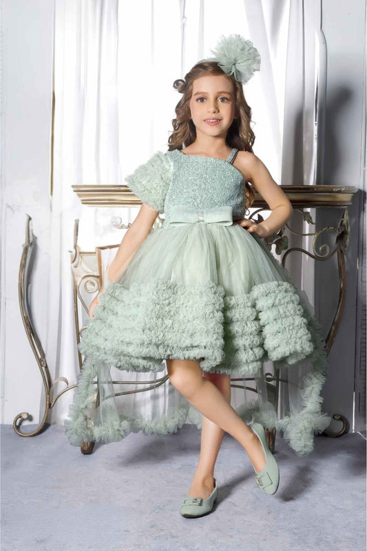 Green Sequins Work With Bow Embellished Party Wear Tailback Frock For Girls