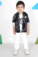 Black Printed Hoodie With White T-Shirt And Pant Set For Boys