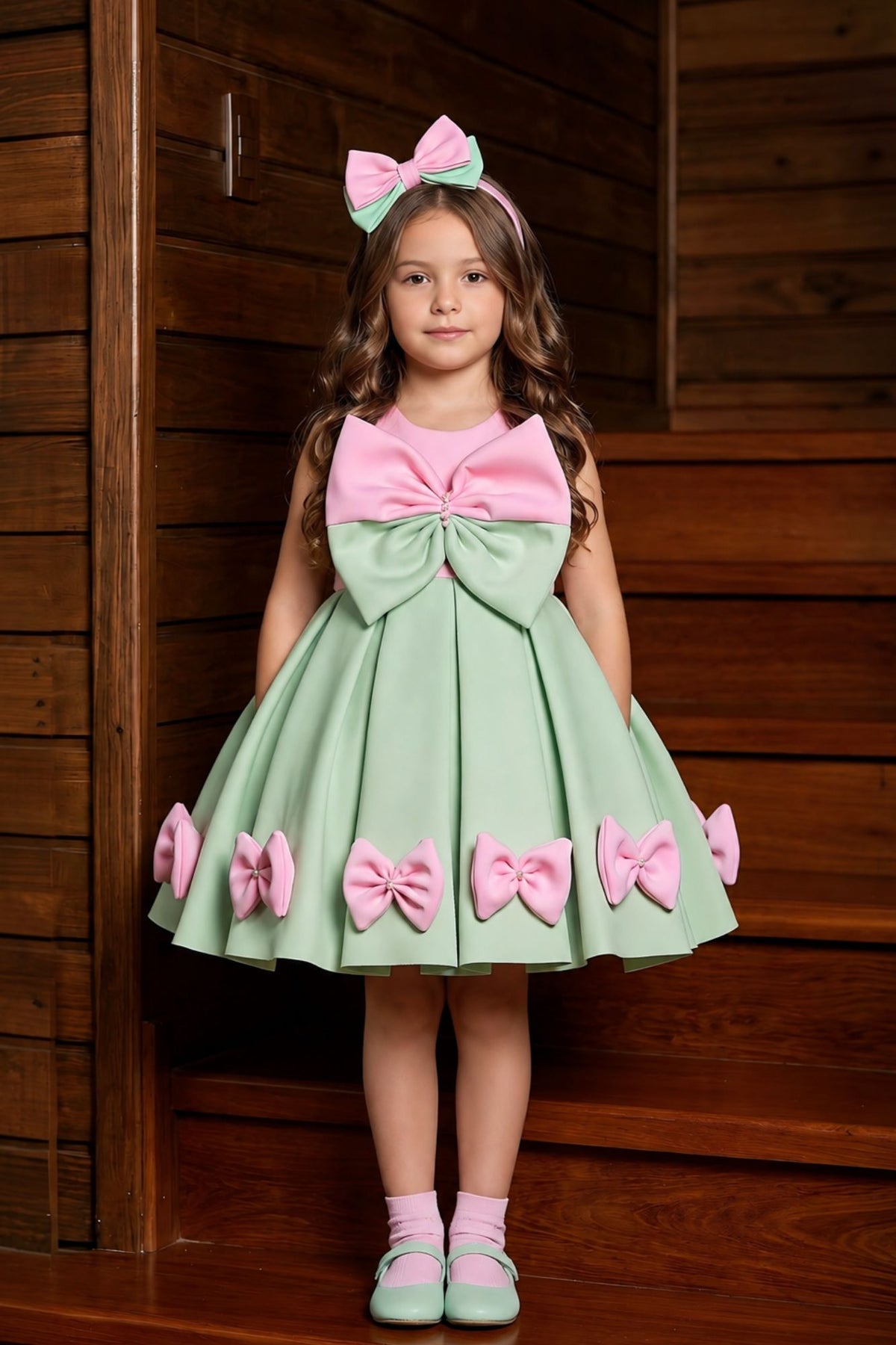 Girls Pista Green And Pink Bow Applique Party Wear Frock