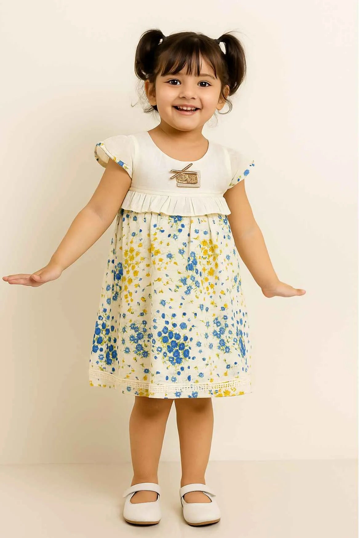 White With Multicolour Floral Printed Cotton Dress with Ruffle Sleeves For Girls