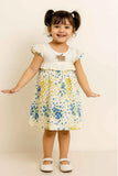 White With Multicolour Floral Printed Cotton Dress with Ruffle Sleeves For Girls