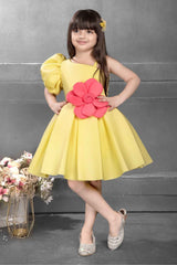 Yellow Frock With Asymmetric Sleeves And Floral Embellished For Girls